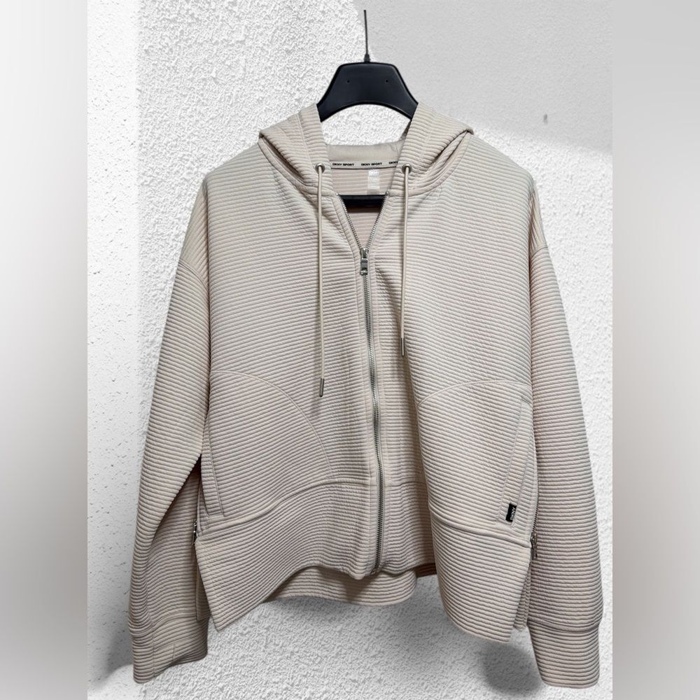 DKNY Sport Women’s Ribbed Zip Hoodie Jacket Sand Beige XL - Picture 5 of 12